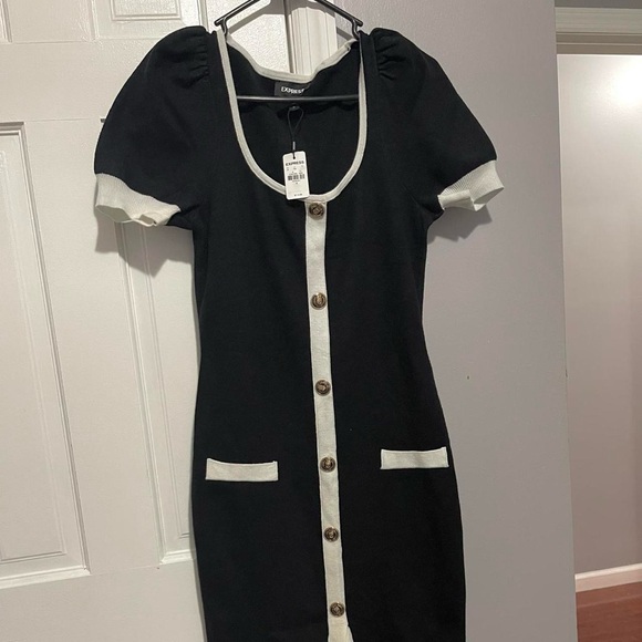 Scoop Neck Puff Sleeve Novelty Button Tipped Midi Sweater Dress: Express - Picture 3 of 5